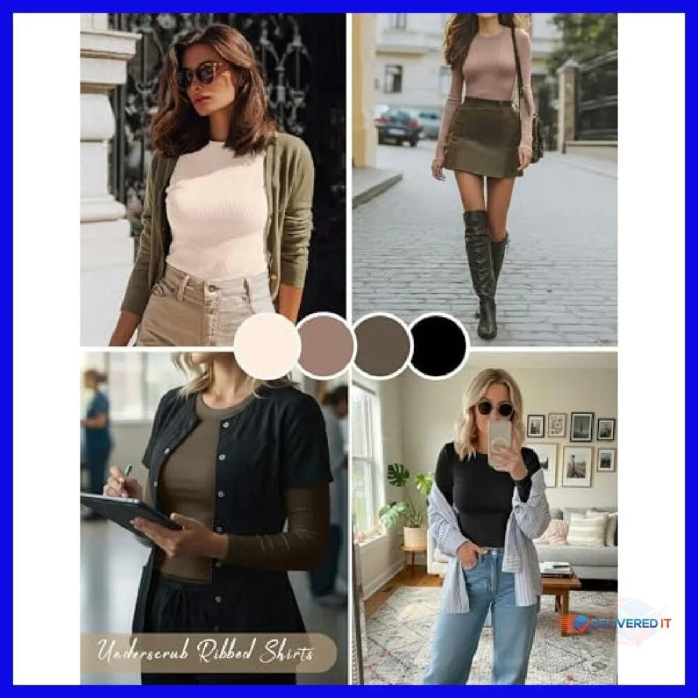 4 Pack Women's Ribbed Long Sleeve Cotton Tees Slim Fit Stretch Knit